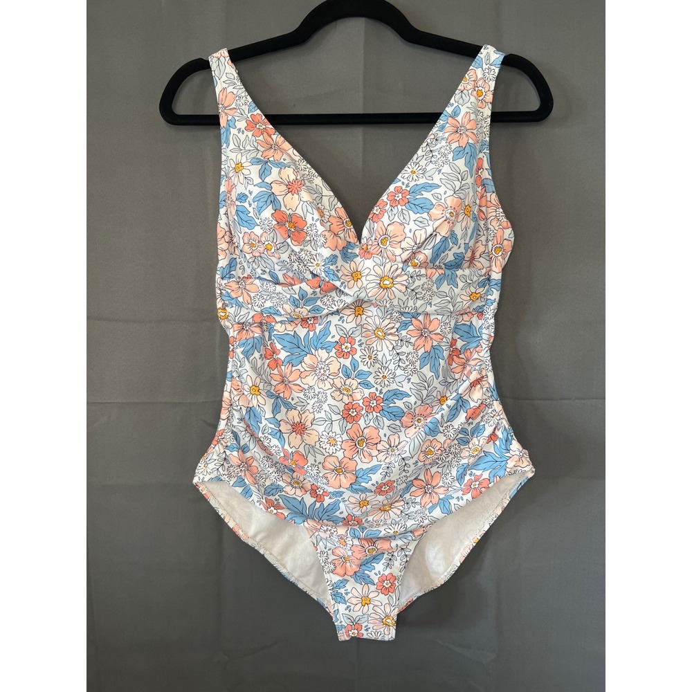 Eomenie Womens Floral One Piece Swimsuit V Neck Tummy Control Blue Peach Large